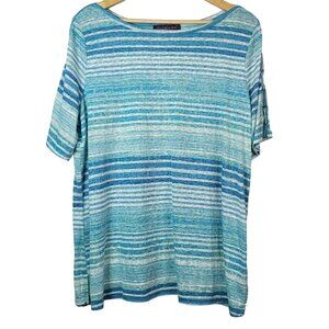 Gloria Vanderbilt Stripe Top Blue Green XXL Pullover Lace Up Sleeve Short Sleeve